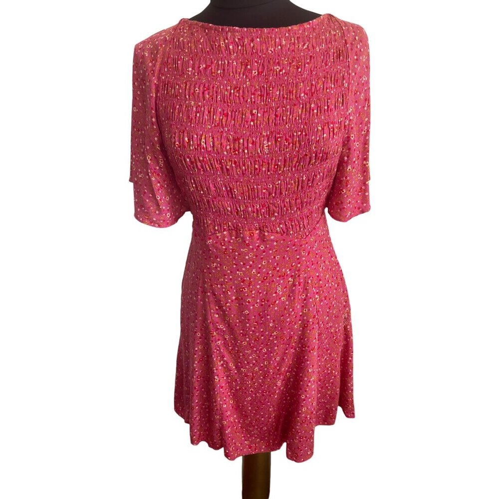 Free People Pink & Red Print, Flutter Sleeve Dress With Back Criss-Cross, Medium
